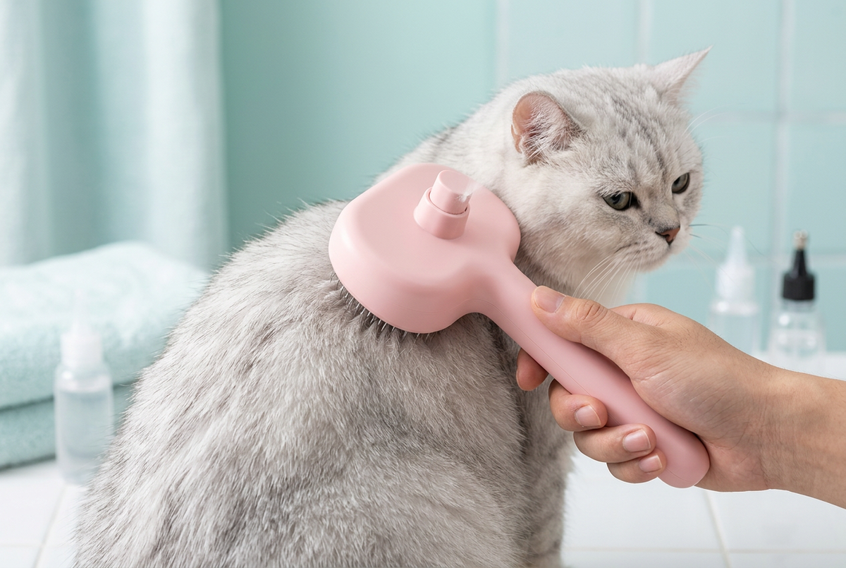 Full-frame cat grooming image with pink spray brush