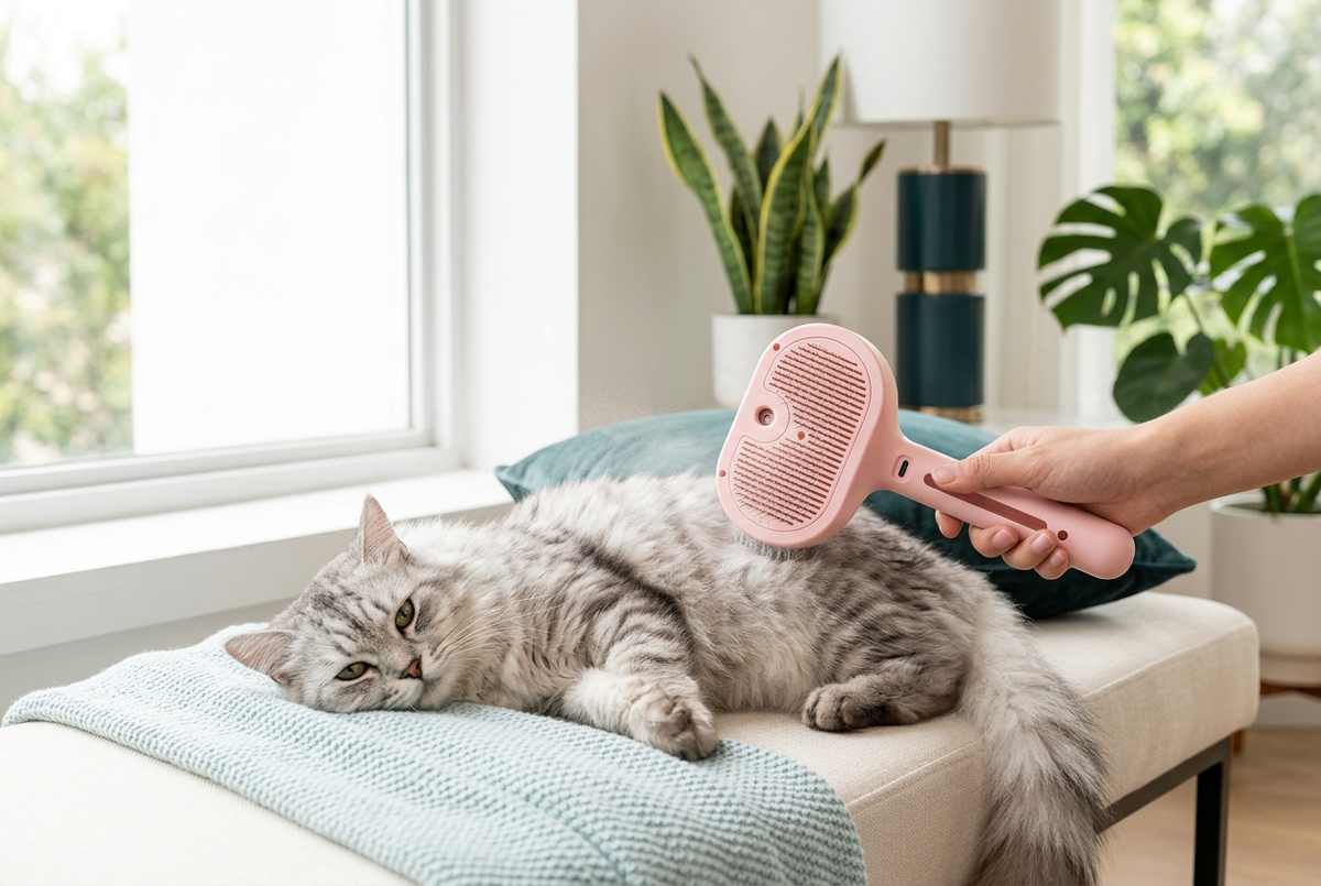 Pink spray brush being used on a cat in a modern home