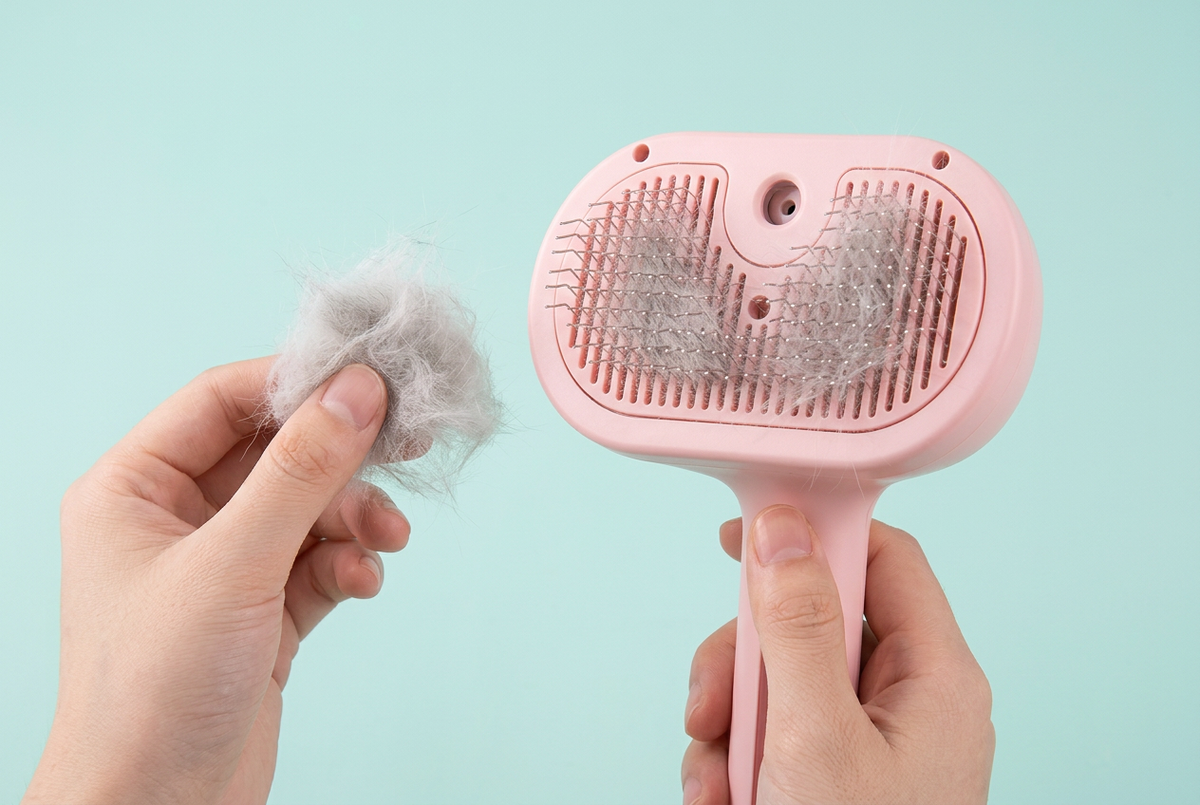 Pink spray brush with collected pet fur being removed